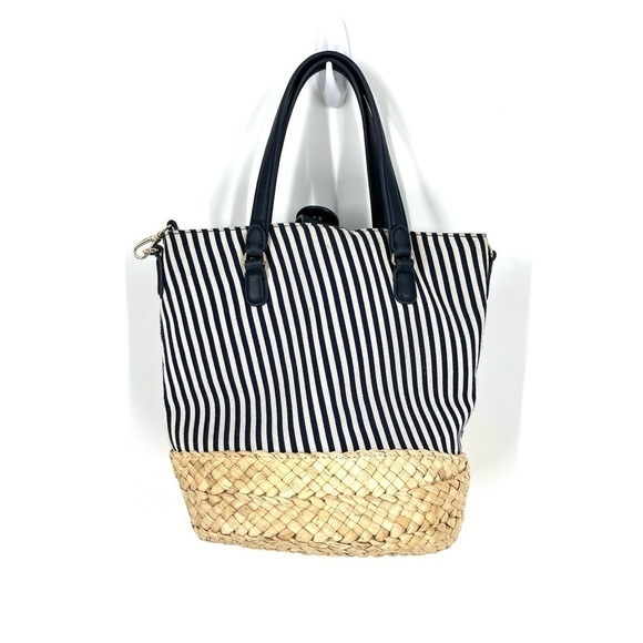 Talbots Navy Striped Canvas Corn Husk Straw Woven Bucket Bag Shoulder Purse - Picture 1 of 16